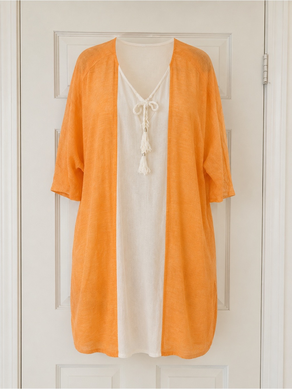 Sigrid Olsen Cover Up Dress S White Orange Linen Blend Caftan Kimono Resort Boho